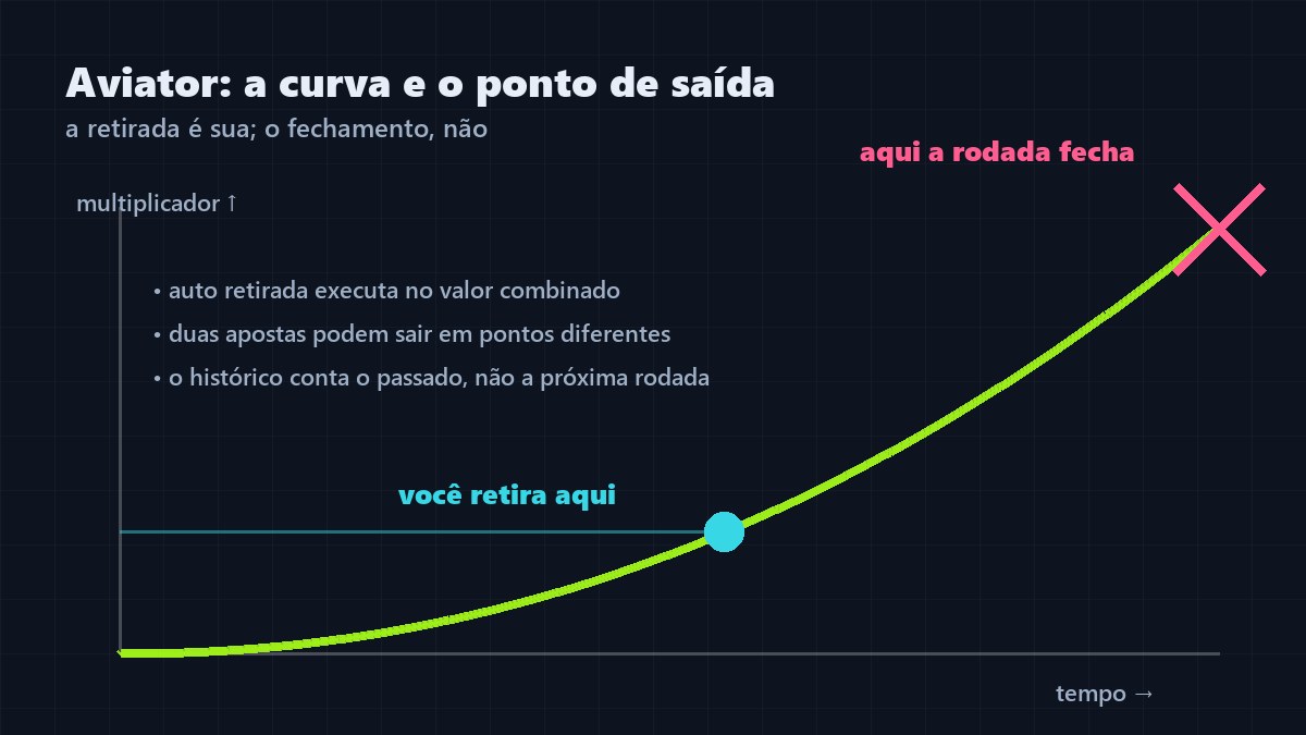 Esquema da rodada do Aviator: curva do multiplicador subindo, ponto de retirada marcado no meio e o ponto em que a rodada fecha