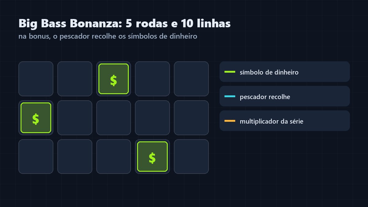 Esquema da grade 5×3 do Big Bass Bonanza com símbolos de dinheiro marcados e indicação do pescador e do multiplicador da série