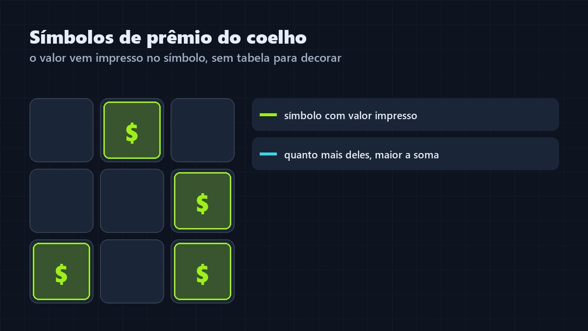 Esquema dos símbolos de prêmio do Fortune Rabbit: cada símbolo traz o valor impresso e eles se somam na mesma rodada