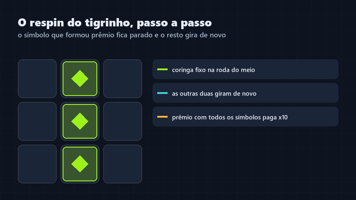 Esquema do respin do Fortune Tiger: o símbolo que formou prêmio fica parado enquanto as outras rodas giram de novo
