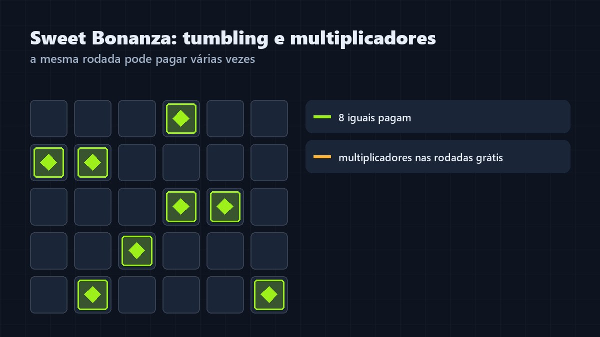 Esquema da grade do Sweet Bonanza com oito símbolos iguais espalhados e indicação do tumbling e dos multiplicadores