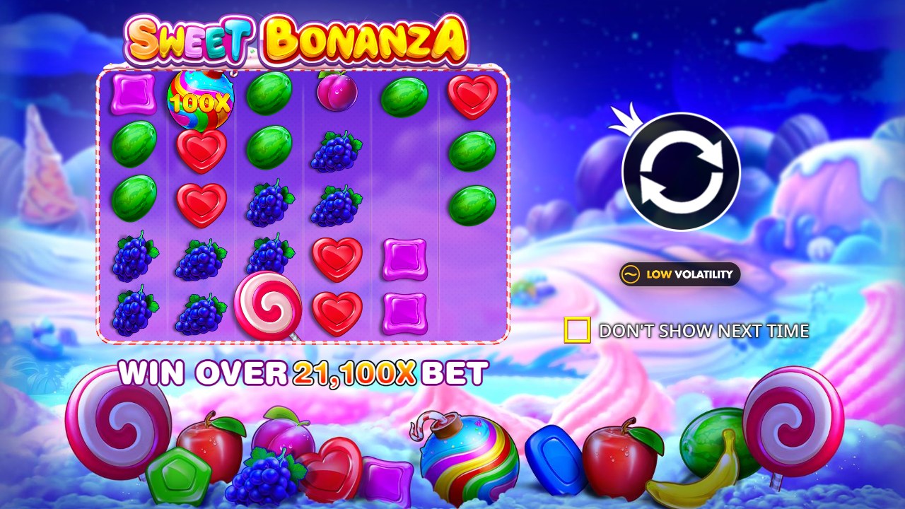 Tela de abertura do Sweet Bonanza, com a grade de seis rodas por cinco linhas